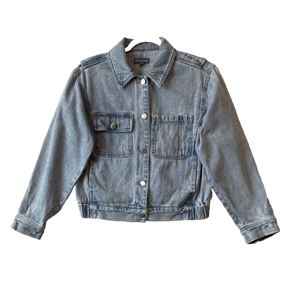 Democracy Distressed Light Wash Cropped Bomber Denim Jacket S Y2K Streetwear